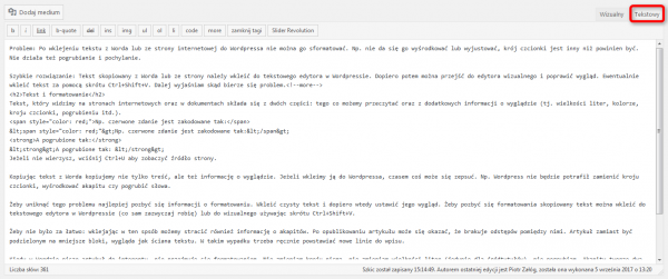 Screen pokazujący tekstowy edytor WordPressa.