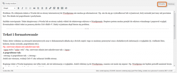 Screen wizualnego edytora teksu w WordPressie.