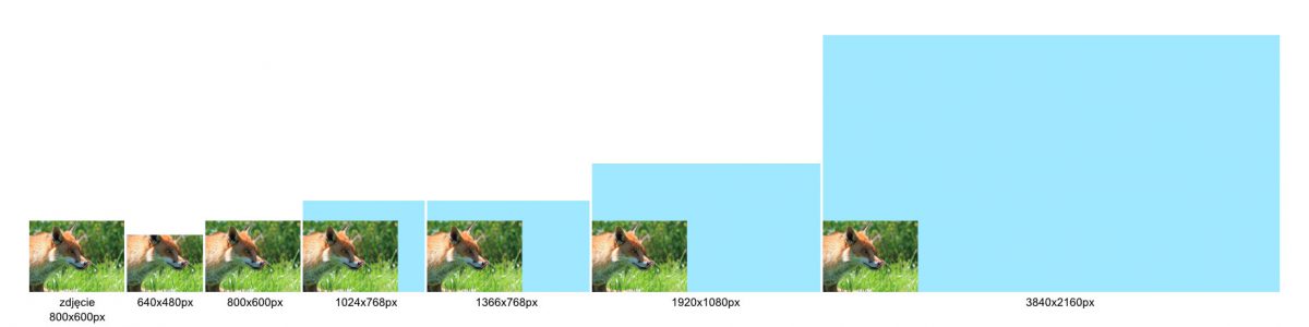 Porównanie pokazujące jaką część ekranu zajmie ta sama grafika wyświetlona w skali 1:1 na monitorach o różnych rozdzielczościach.