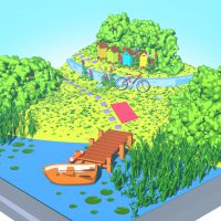 Widok 3D na jezioro i brzeg, zrobione w programie Blender.