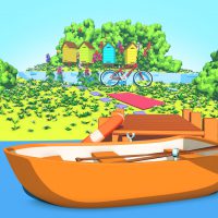 Grafika 3D low-poly prezentująca jezioro i łódkę